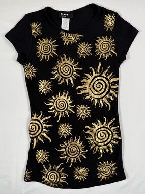 VINTAGE HELIUM Juniors Sun Graphic T Shirt‎ M Y2K Gold Celestial Boho Festival